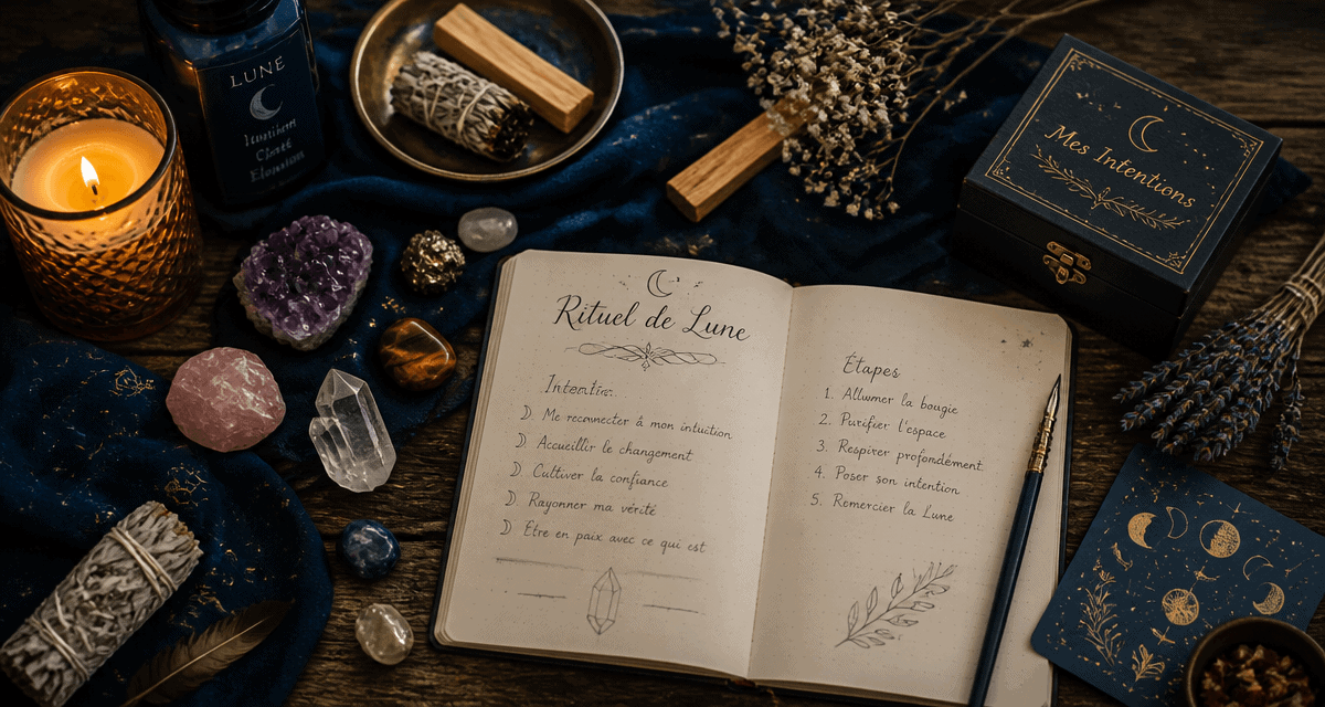 rituel de lune avec bougie et pierres naturelles