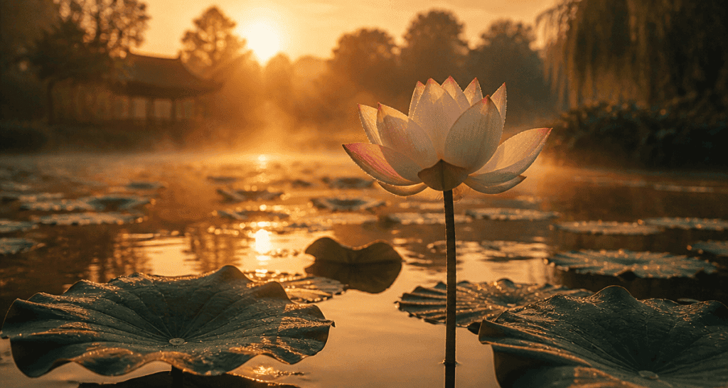 signification fleur de lotus sur étang doré