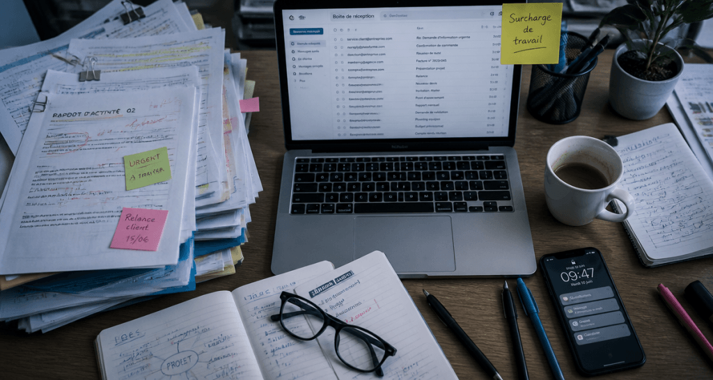 surcharge au travail bureau surchargé dossiers et notifications