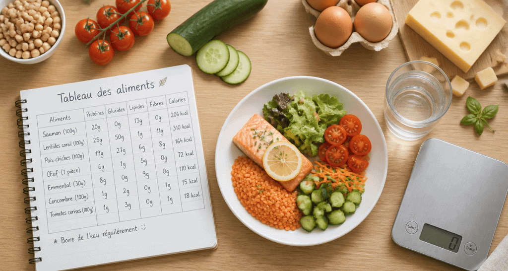 tableau des aliments avec assiette équilibrée et aliments bruts