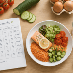 tableau des aliments avec assiette équilibrée et aliments bruts