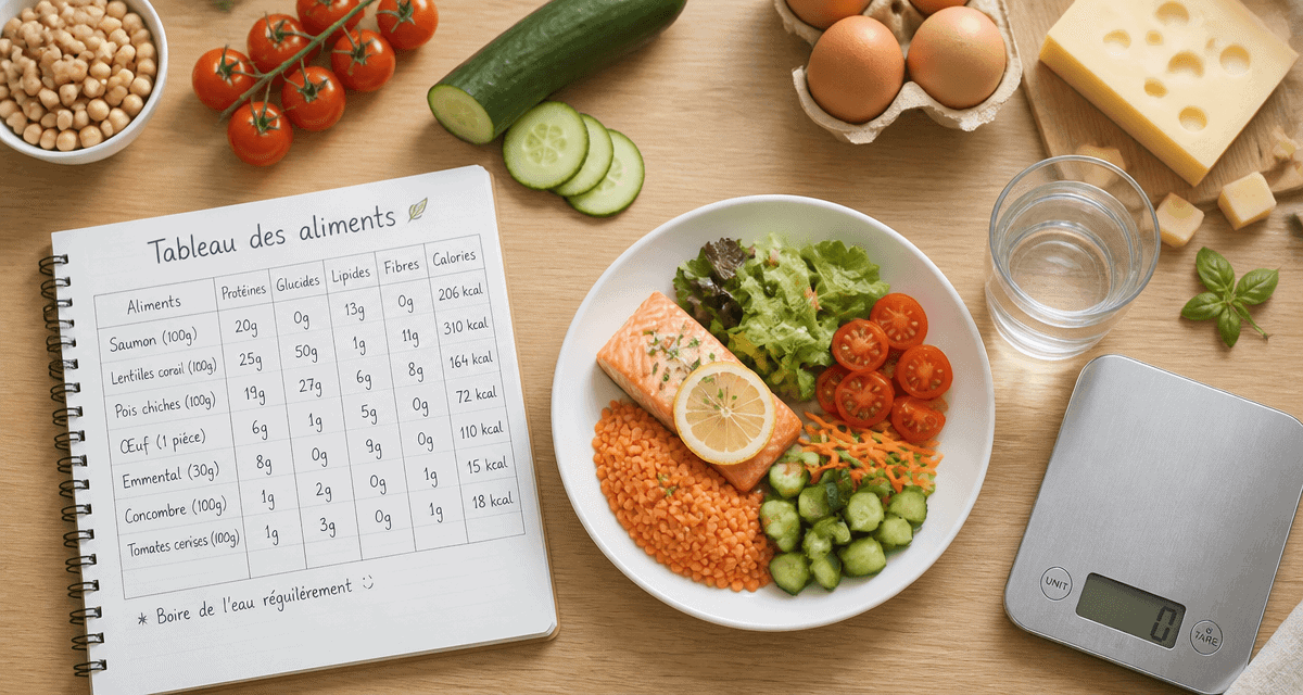 tableau des aliments avec assiette équilibrée et aliments bruts