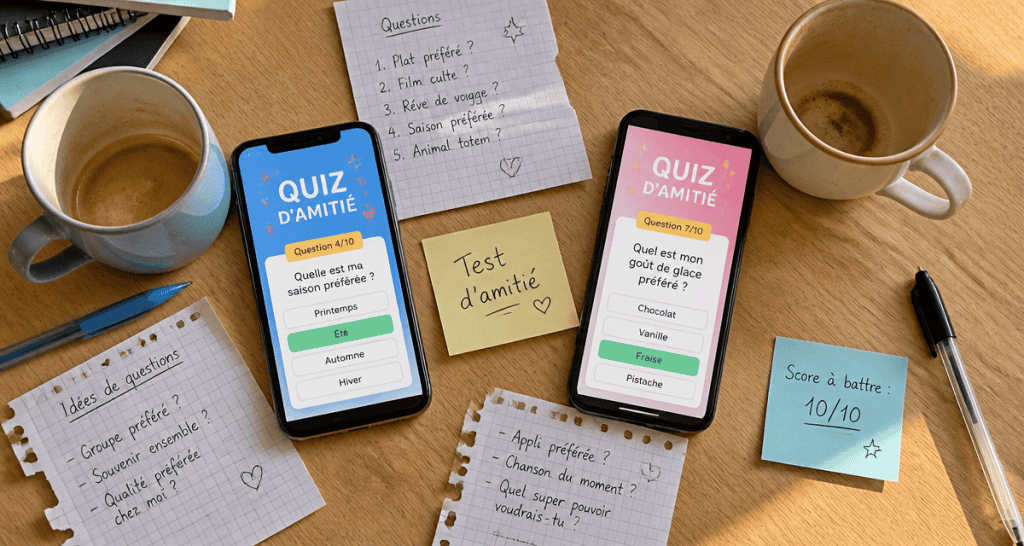 Teste d'amitié sur table avec quiz et café