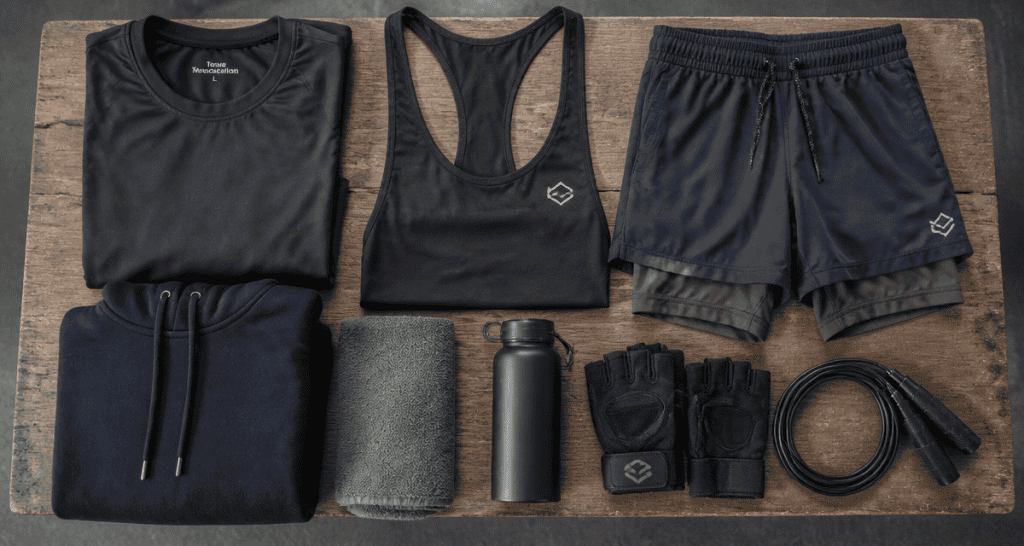 vetement musculation pour homme flat-lay