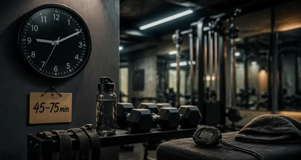 Durée séance musculation 45–75 min : horloge et chronomètre