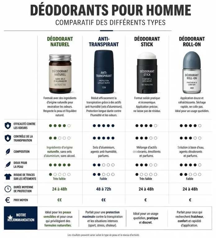 Comparatif des types de déodorants pour homme : efficacité, composition et format pour choisir le meilleur déodorant pour homme