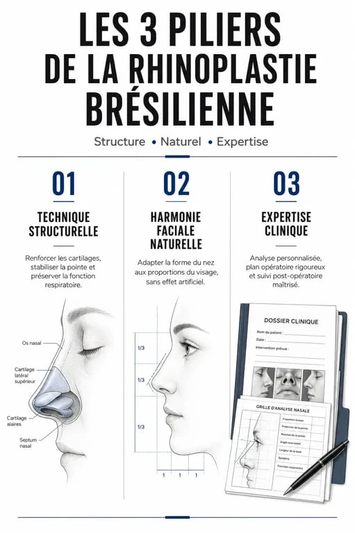Infographie des piliers de la rhinoplastie et du nez brésilien