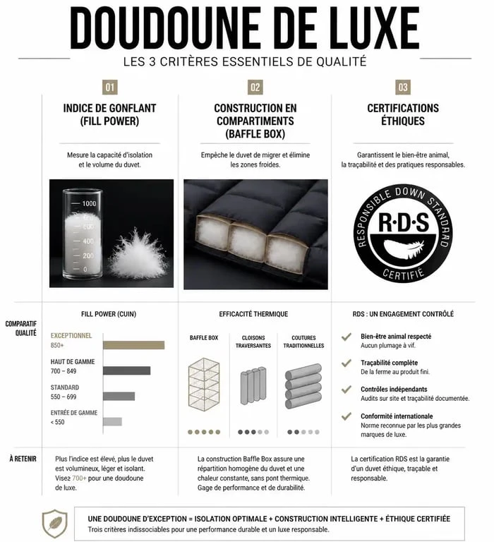 Infographie des critères de qualité pour choisir une marque de doudoune de luxe : Fill Power, construction et éthique.
