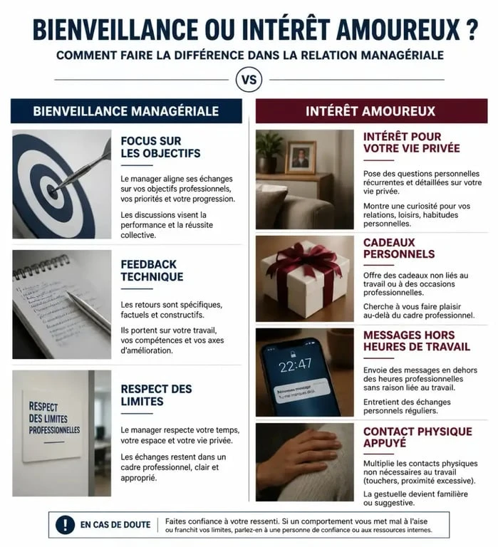 Infographie comparative des signes d'un patron amoureux versus bienveillance managériale au travail