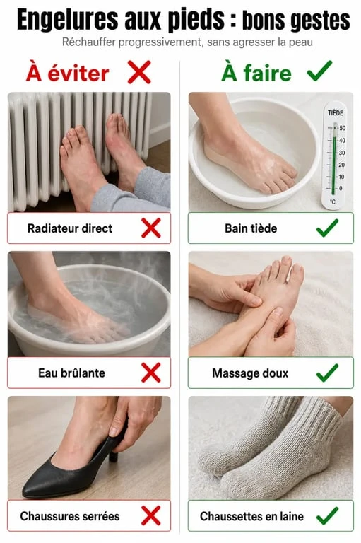 Infographie des bons gestes et remèdes naturels pour soulager les engelures aux pieds