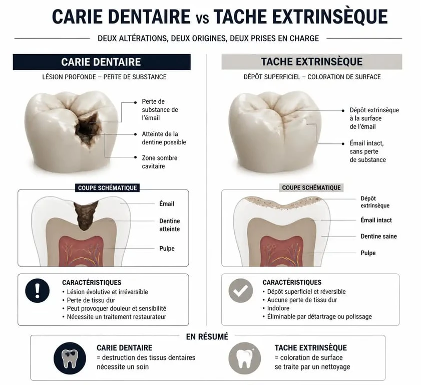Schéma explicatif comparant une carie dentaire et une tache noire superficielle sur les dents pour comprendre comment enlever une tache noire sur les dents.