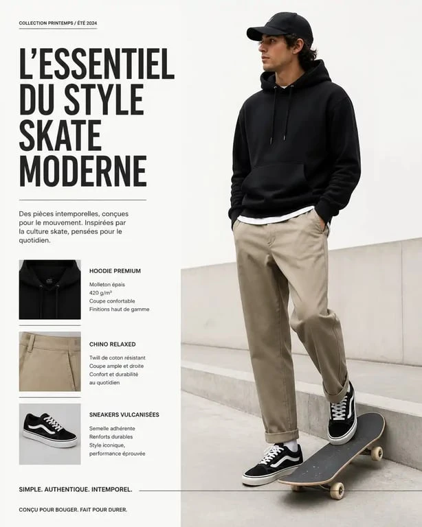 Homme portant une tenue de style skateur moderne et élégante, illustrant le look skate-chic avec un pantalon chino et des baskets classiques.