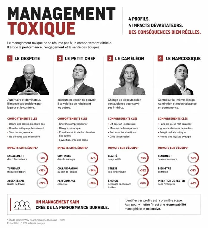 Infographie des 4 profils de management toxique pour identifier les comportements destructeurs en entreprise