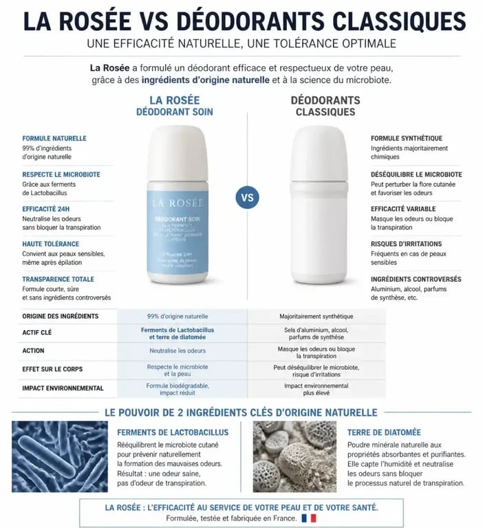 Infographie comparative des ingrédients et bénéfices du déodorant La Rosée pour une routine beauté naturelle