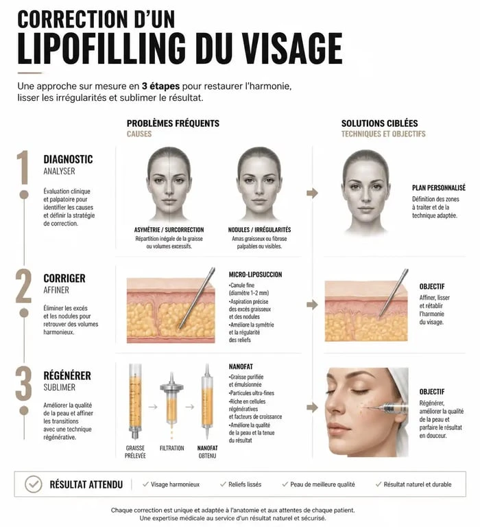 Infographie sur les solutions et corrections possibles après un lipofilling visage raté