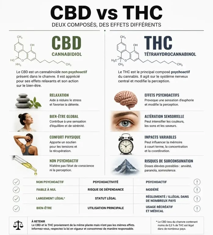 Infographie comparative illustrant la différence entre CBD et THC : effets, légalité et interaction avec le système endocannabinoïde.