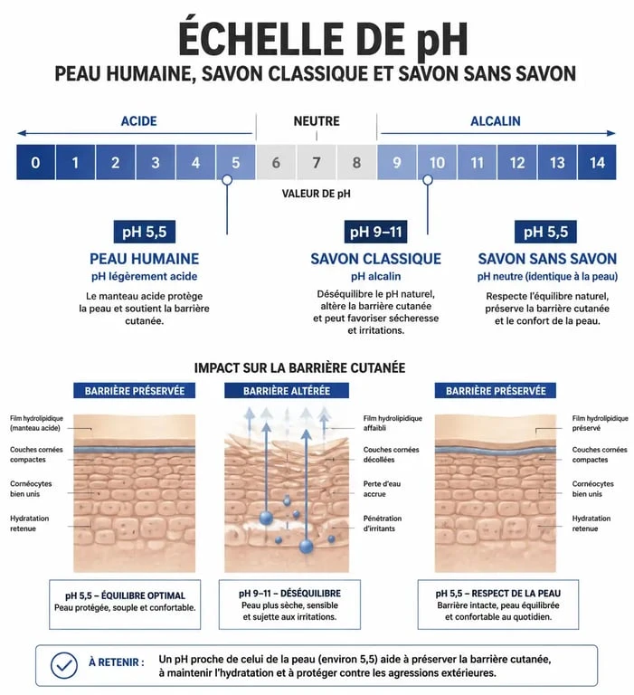 Infographie comparative du pH de la peau et des savons pour choisir le meilleur savon sans savon