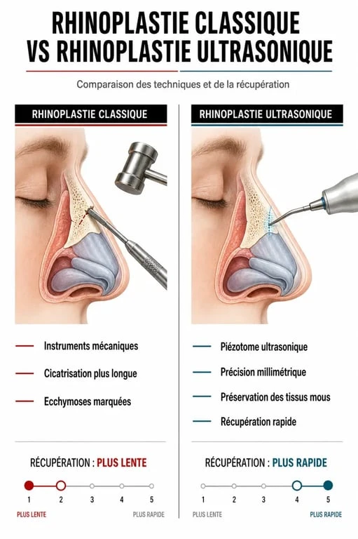 Infographie comparative : Rhinoplastie classique vs Rhinoplastie ultrasonique pour une chirurgie du nez précise.