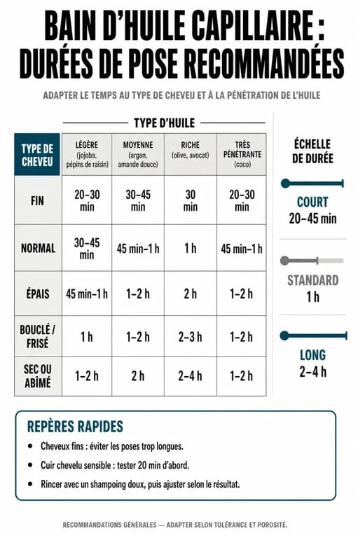 Infographie sur la durée de pose idéale pour un bain d'huile cheveux selon le type de cheveu et l'huile utilisée.
