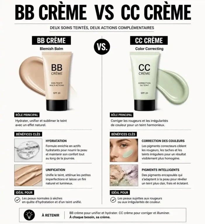 Infographie comparative illustrant la différence entre BB crème et CC crème pour le teint