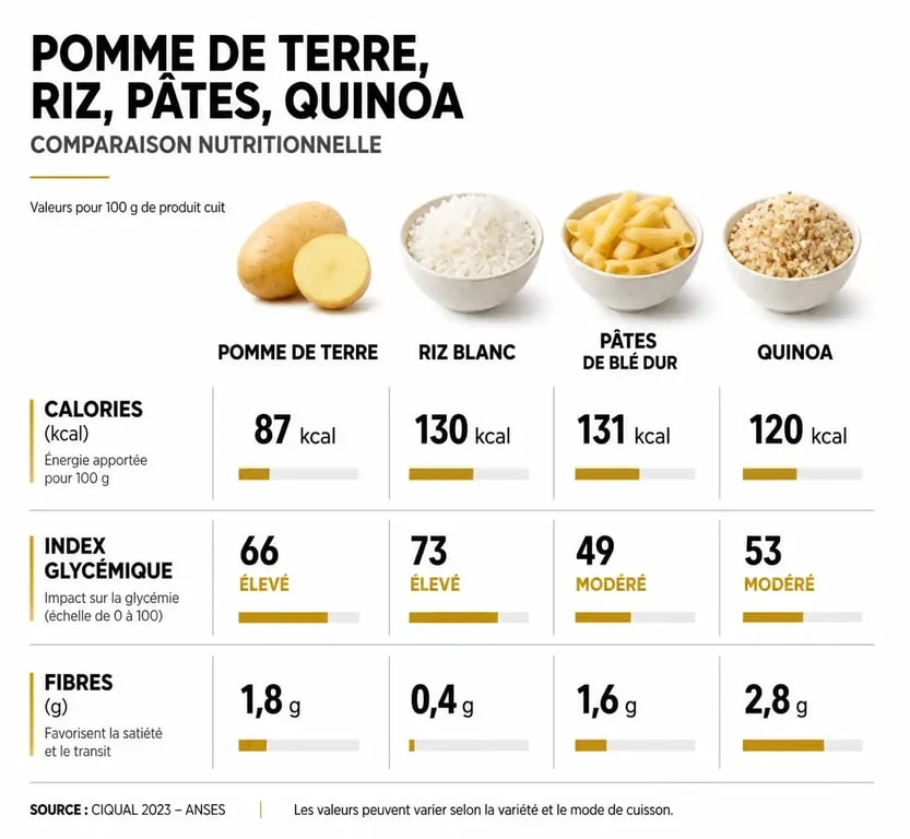 Infographie comparative des apports nutritionnels : pomme de terre pour régime vs autres féculents