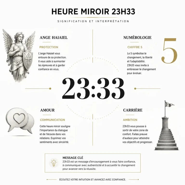 Infographie récapitulative de la signification spirituelle et numérologique de l'heure miroir 23h33