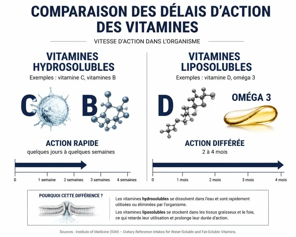 Infographie montrant le délai d'effet des vitamines hydrosolubles et liposolubles pour comprendre au bout de combien de temps les vitamines font effet