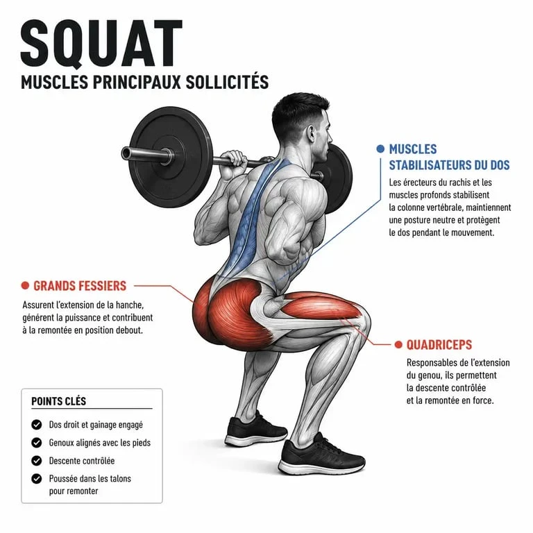 Schéma anatomique des muscles sollicités lors du squat