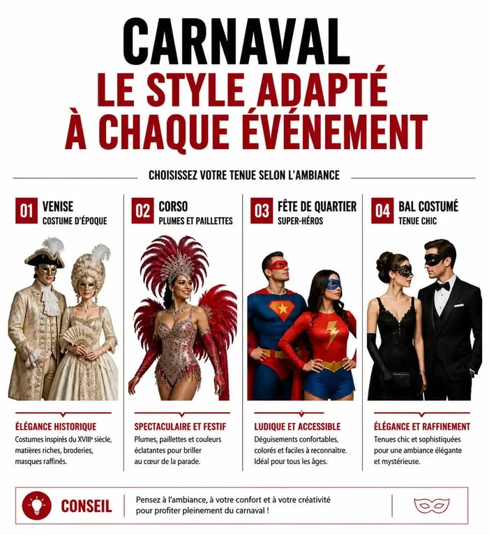 Guide visuel des styles de tenue carnaval selon l'événement