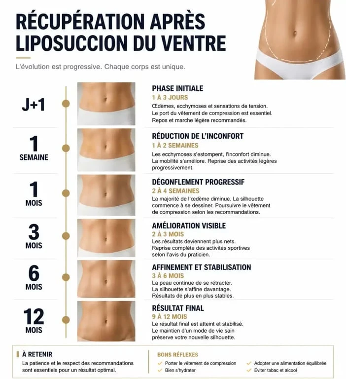 Infographie des étapes de récupération après une liposuccion du ventre avant apres