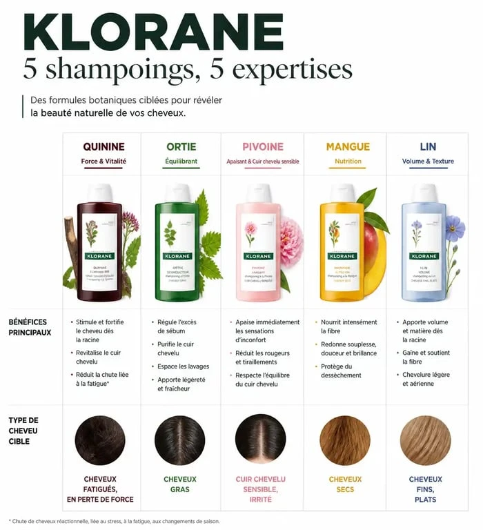 Infographie comparative des shampoings Klorane : avis et bienfaits pour choisir le meilleur soin selon votre type de cheveux.