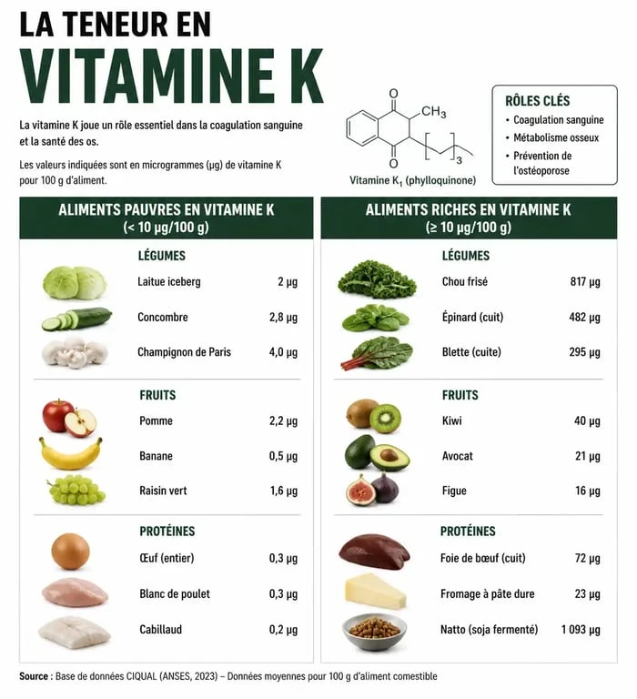Infographie comparative des aliments pauvres et riches en vitamine K pour les patients sous anticoagulants.