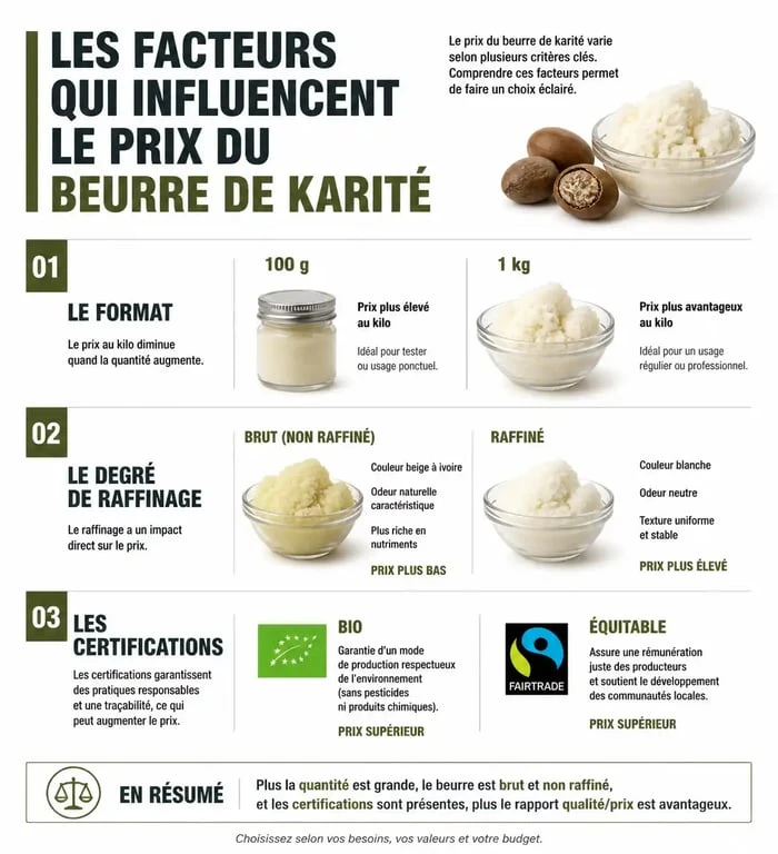 Infographie comparative des prix du beurre de karité selon le format et la qualité