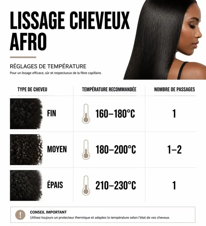 Infographie des températures recommandées pour le lissage des cheveux afro selon la texture
