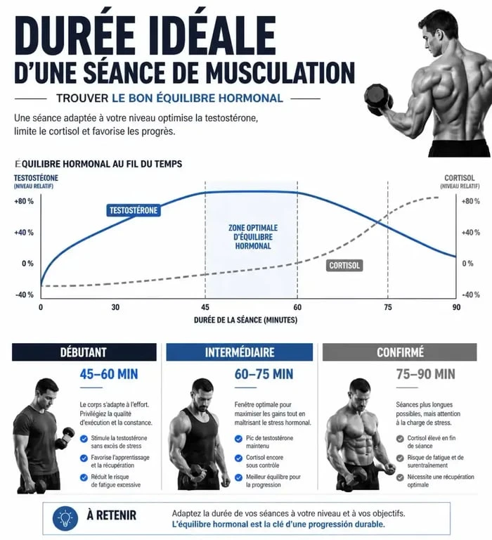 Infographie sur la durée optimale d'une séance de musculation selon le niveau et les objectifs