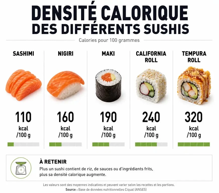 Infographie comparative des calories par type de sushi pour comprendre si les sushis font grossir