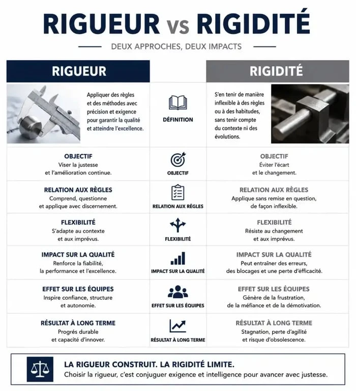 Infographie comparative : Rigueur vs Rigidité dans le travail pour améliorer sa rigueur au travail