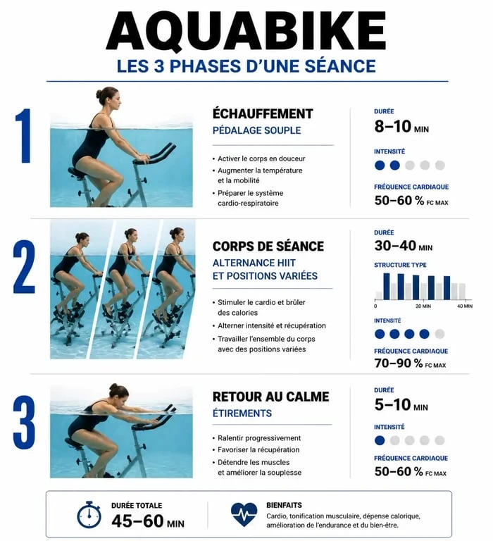 Infographie des trois phases d'une séance d'aquabike pour un entraînement efficace