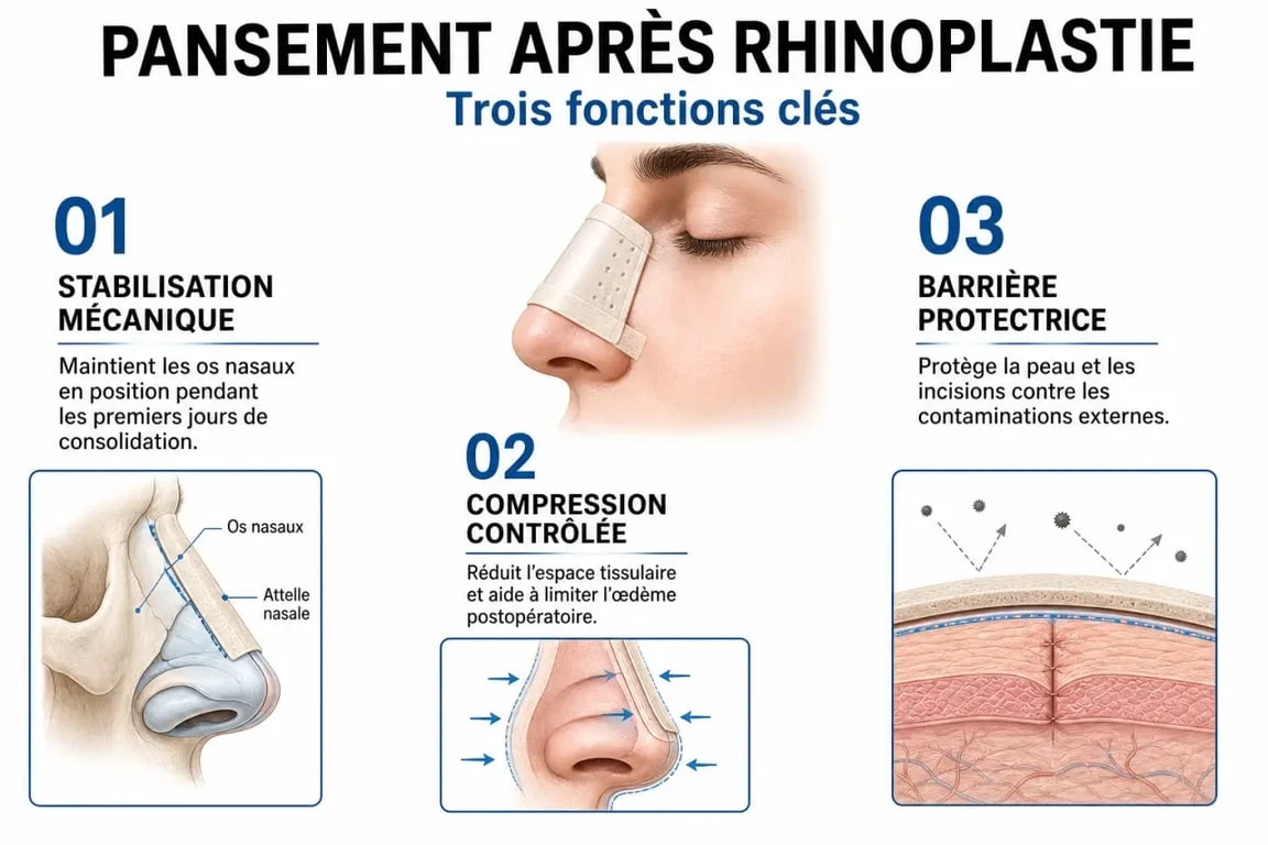 Infographie sur le rôle du pansement après une rhinoplastie pour une cicatrisation optimale