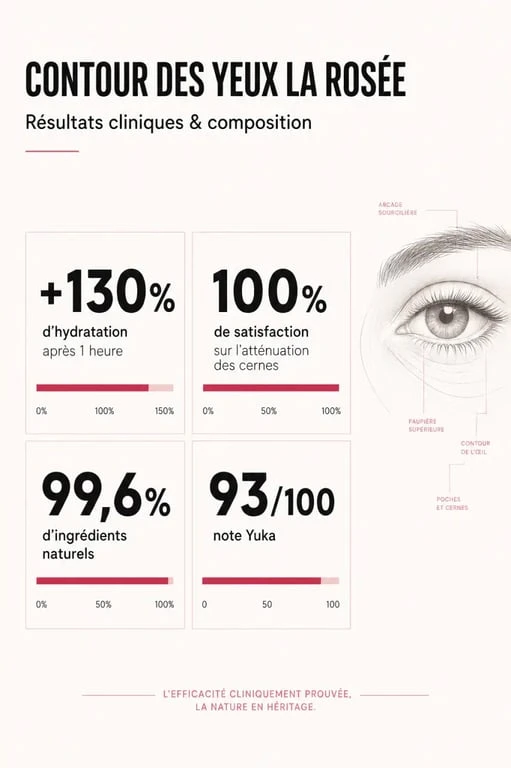 Infographie des résultats cliniques et bénéfices du contour des yeux La Rosée avis