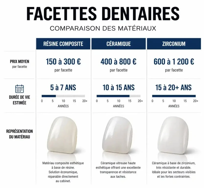 Comparatif des prix et durabilité des facettes dentaires en composite, céramique et zirconium
