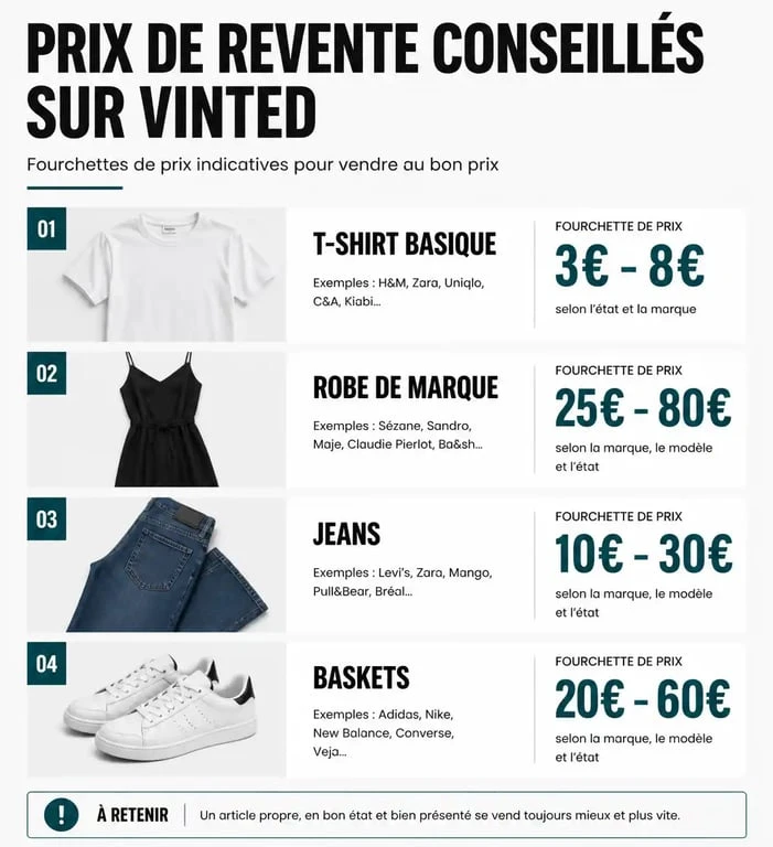 Infographie des prix de revente conseillés pour bien vendre sur Vinted
