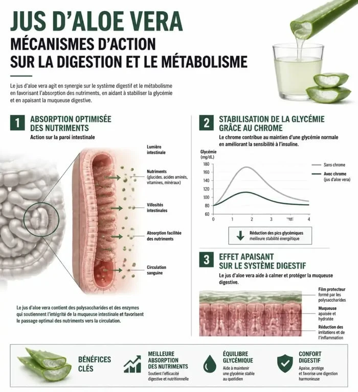 Infographie expliquant les bienfaits du jus d'aloe vera pour maigrir et son action sur la digestion