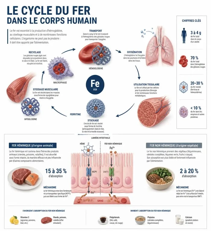Infographie sur le rôle et l'absorption du fer dans l'organisme pour comprendre à quoi sert le fer.