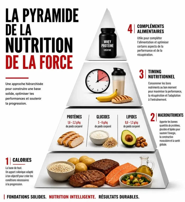 Pyramide de la nutrition de la force pour optimiser la performance et la prise de masse musculaire