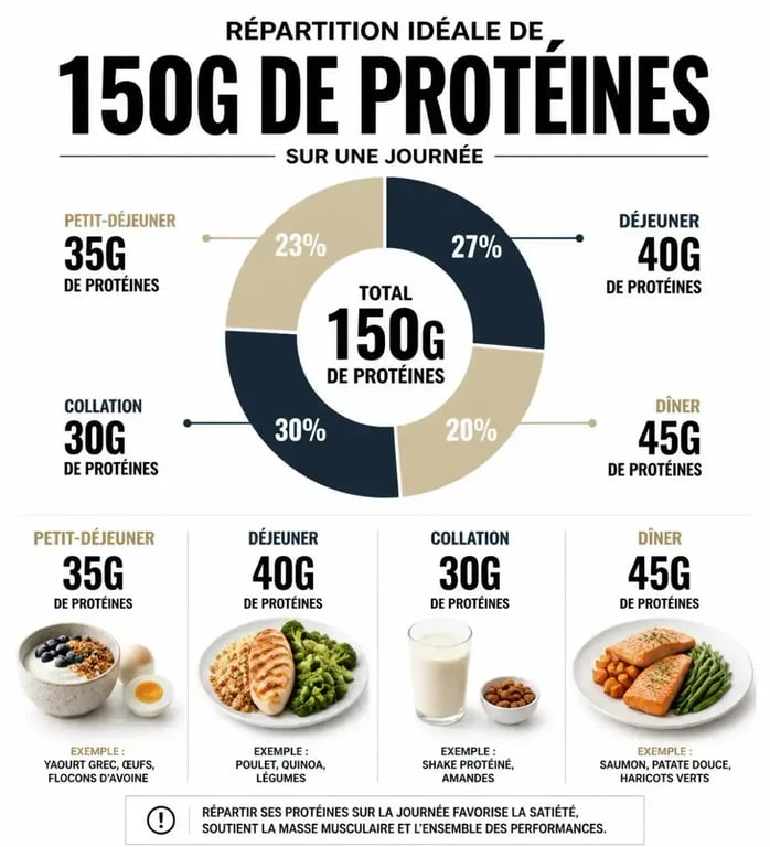 Infographie montrant comment répartir 150 g de protéines par jour pour atteindre ses objectifs nutritionnels