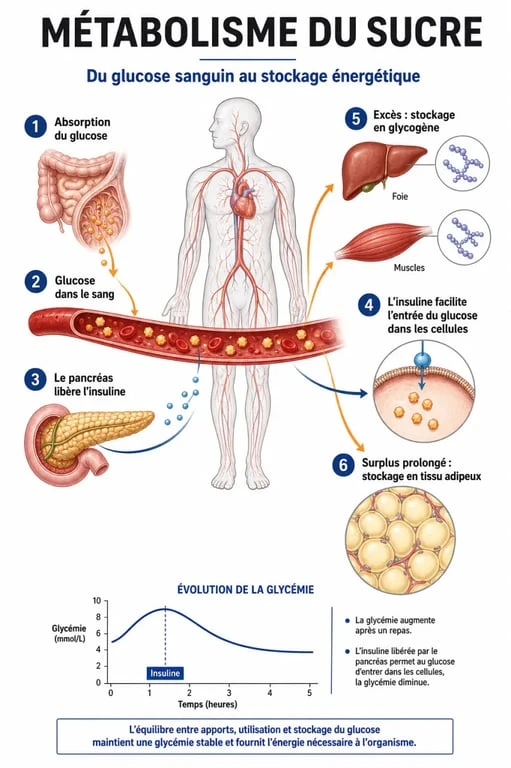 Schéma explicatif du métabolisme du sucre et du lien entre consommation de sucre et prise de poids