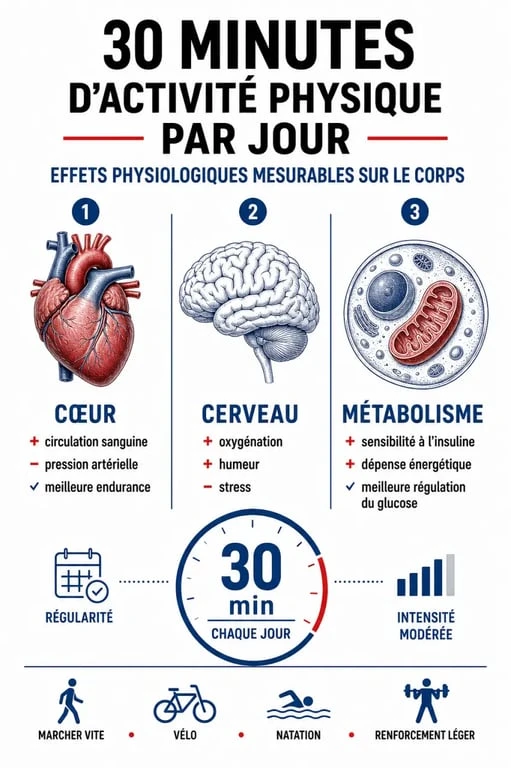 Infographie illustrant les bénéfices santé de 30 minutes de sport par jour