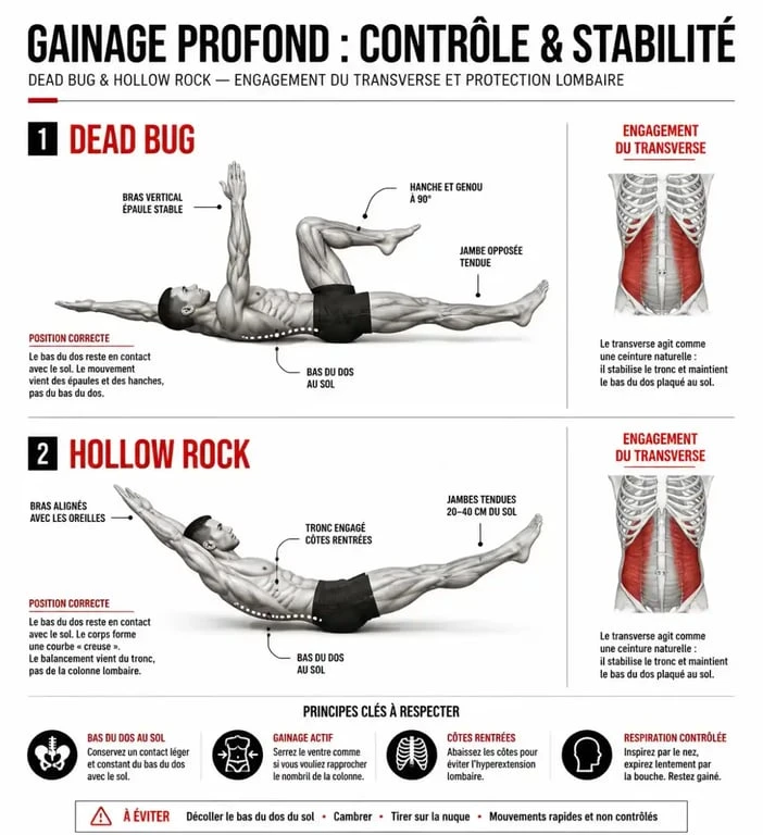 Schéma technique pour programme abdos homme maison : exécution correcte du Dead Bug et Hollow Rock