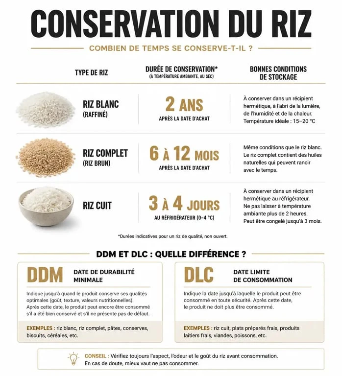 Infographie sur la durée de conservation du riz et la différence entre DDM et DLC pour savoir si le riz se périme